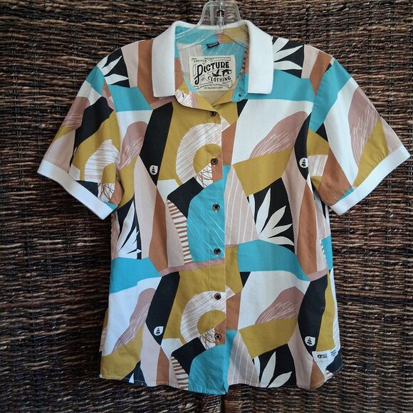 Picture Organic Geometric Mod Print Polo Tee Shirt Women's Medium Trees Camping - Picture 1 of 9